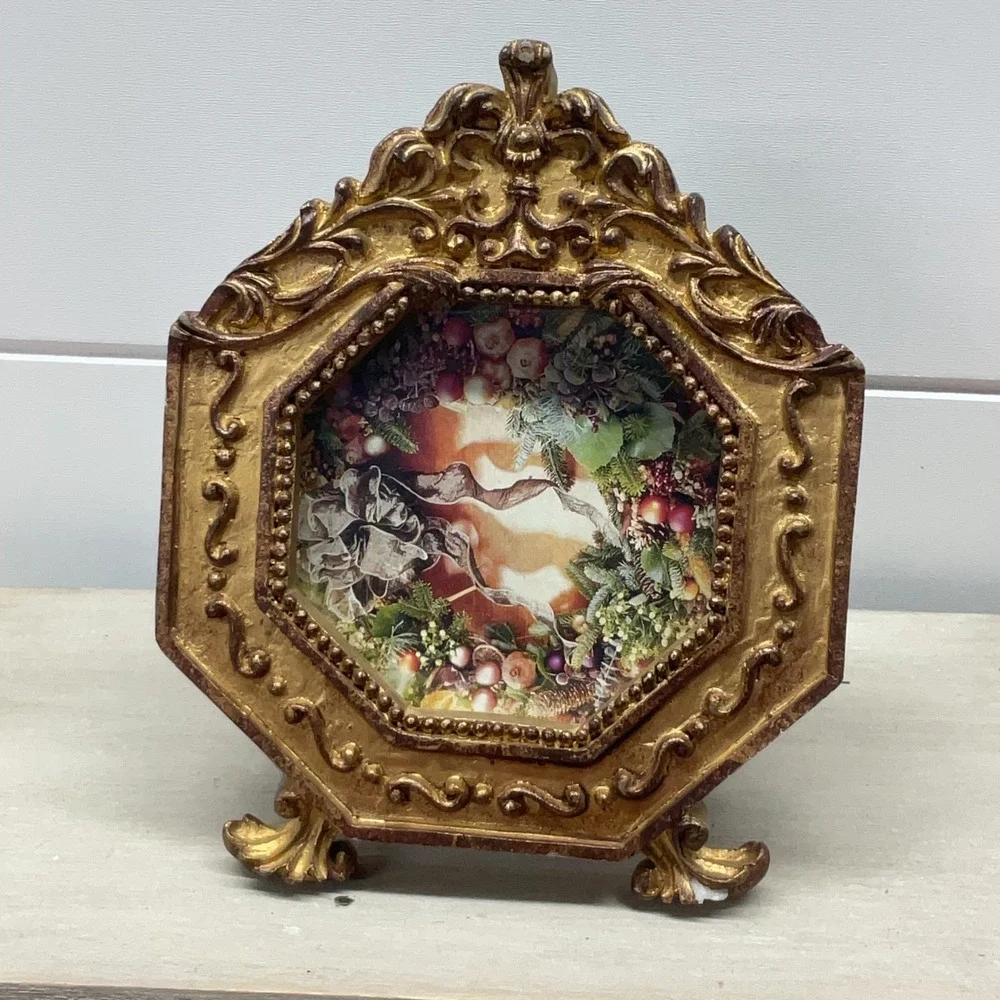 Vintage Style Ornate Gold Octagonal Footed Picture Frame 6x5 Tabletop Decor